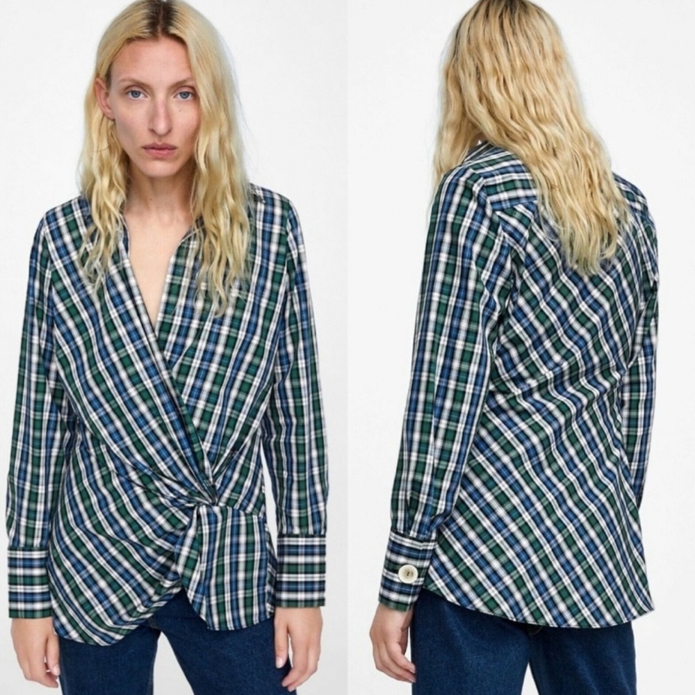 ZARA Draped Crossover Blouse – Blue & Green Plaid Cotton | Sz. Large